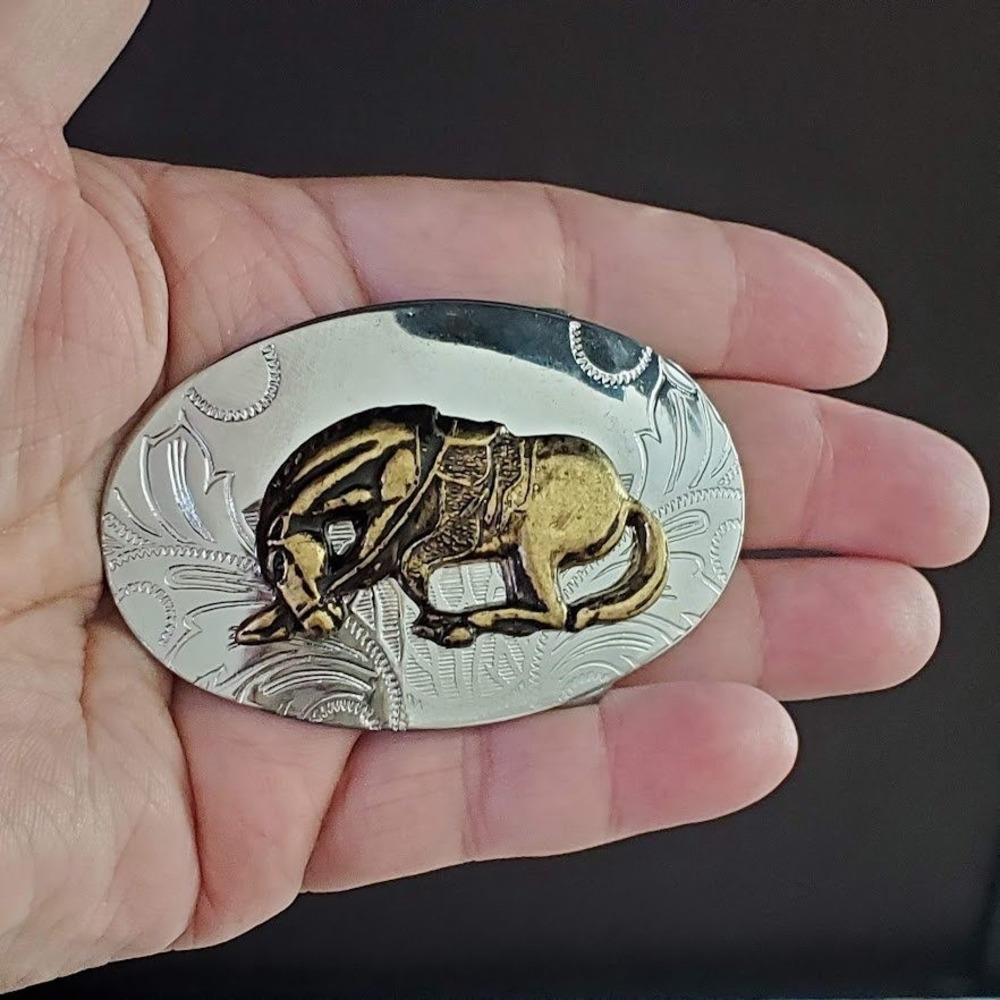 Western End of the Trail Horse Belt Buckle Silver Gold Tone Oval Cowgirl Rodeo